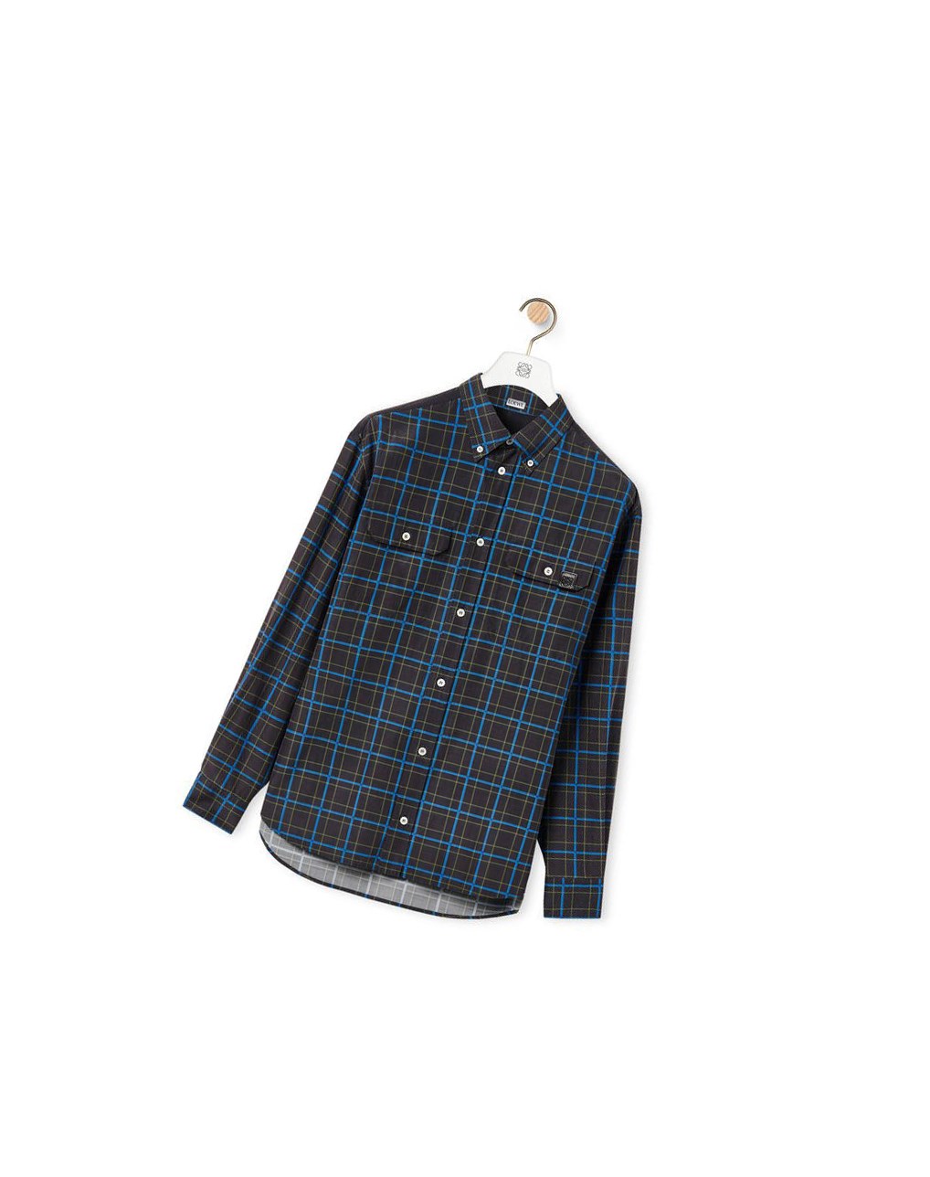 Loewe Chest pocket check shirt in silk and cotton Dark Grey / Blue | KI5698037