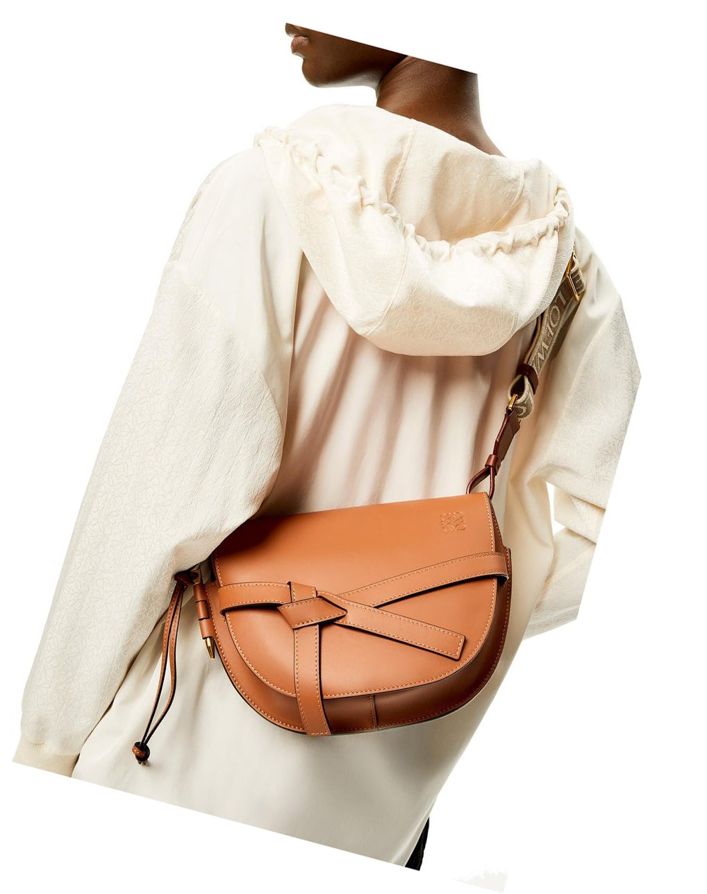Loewe Small Gate bag in soft calfskin and jacquard Tan | OF0412965
