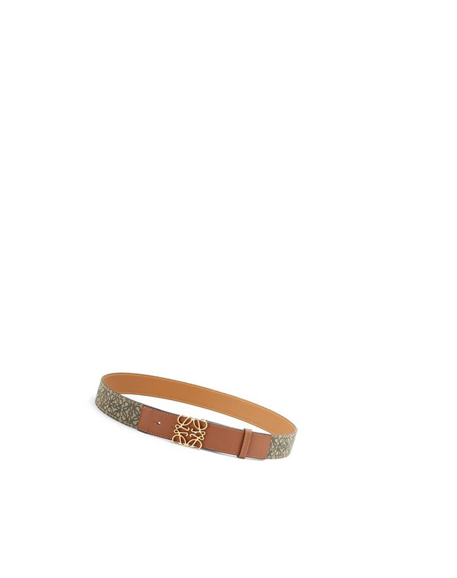 Loewe Anagram belt in jacquard and calfskin Khaki Green / Tan / Gold | HX4179032