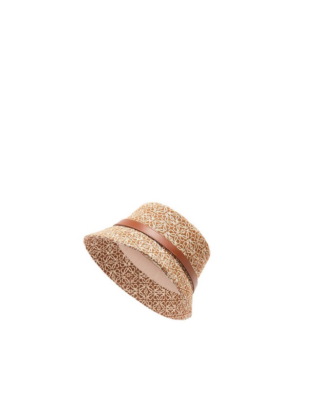 Loewe Anagram bucket hat in jacquard and calfskin Tan / Pecan | AB4925038