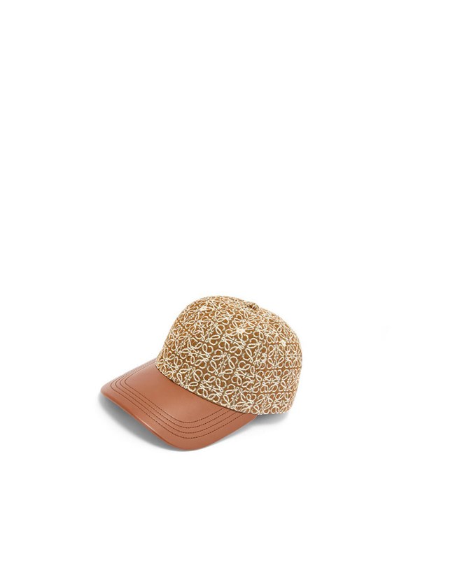 Loewe Anagram cap in jacquard and calfskin Tan / Pecan | LE6057823
