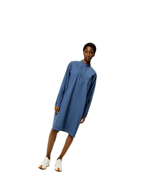 Loewe Anagram tunic dress in linen and cotton Atlantic Blue | DX5762031