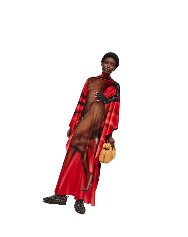 Loewe Body print kaftan dress in velvet Red / Multicolour | QB8143625