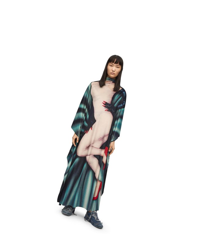 Loewe Body print kaftan dress in velvet Grey / Multicolour | YJ1358697
