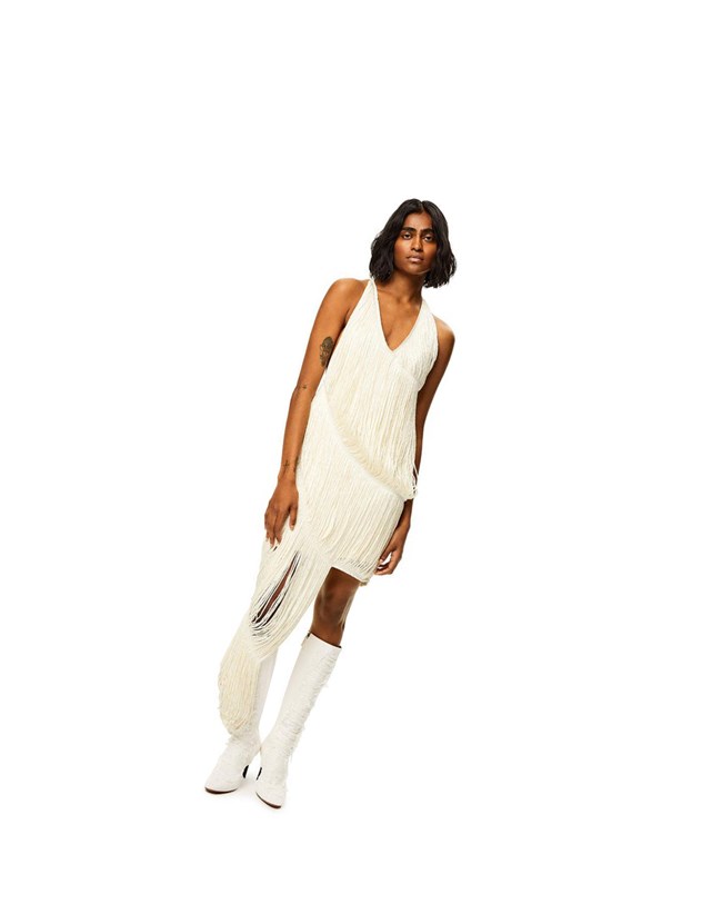 Loewe Fringed dress in silk Ecru | GW1380756