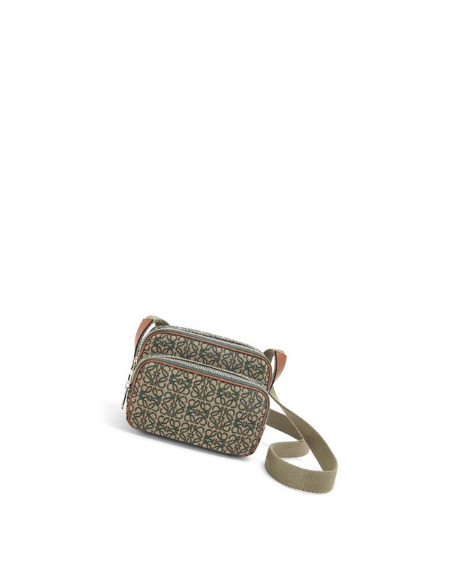 Loewe Mini Camera bag in Anagram jacquard and calfskin Khaki Green / Tan | VZ3492056