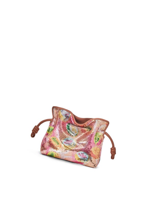 Loewe Mini Flamenco clutch in sequins and classic calfskin Multicolor / Tan | QH7802934