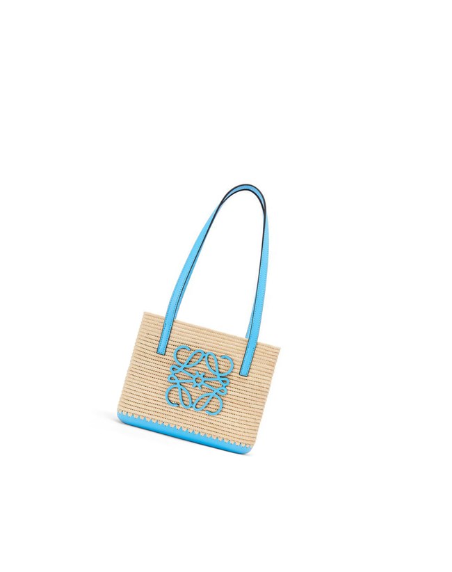 Loewe Mini Square Basket bag in raffia and calfskin Natural / Topaz Blue | CL0691328