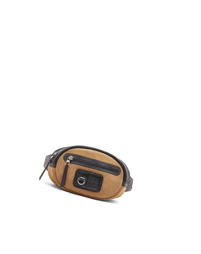 Loewe Round bumbag in recycled canvas and suede Black / Dark Gold | AC3705498