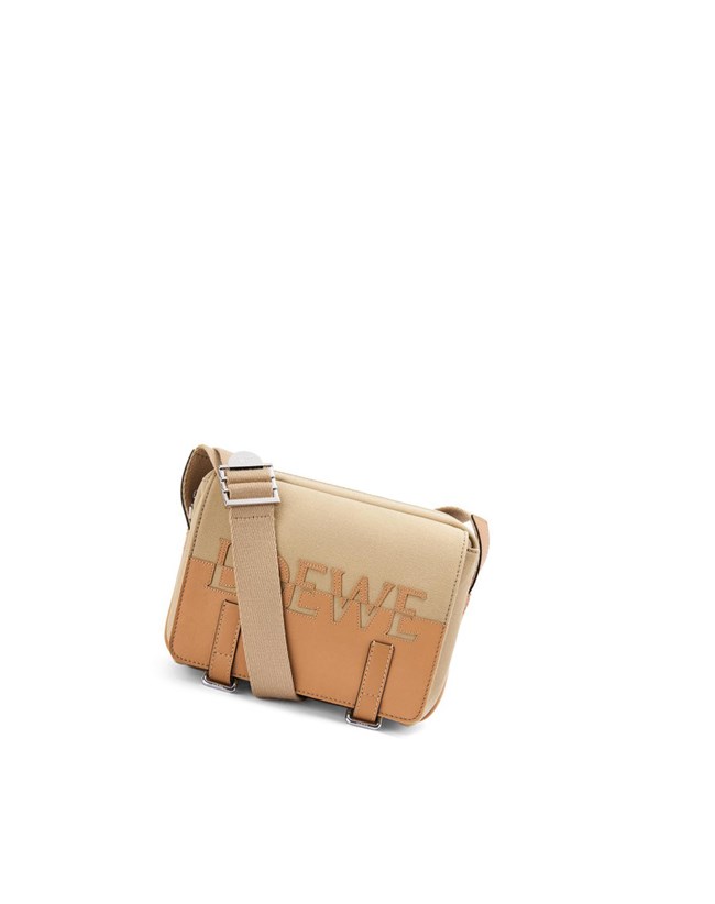 Loewe Signature XS Military messenger bag in canvas and classic calfskin Creta / Warm Desert | DV6032985