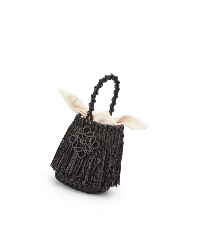Loewe Small Frayed Bucket bag in raffia and calfskin Black | UD0815269