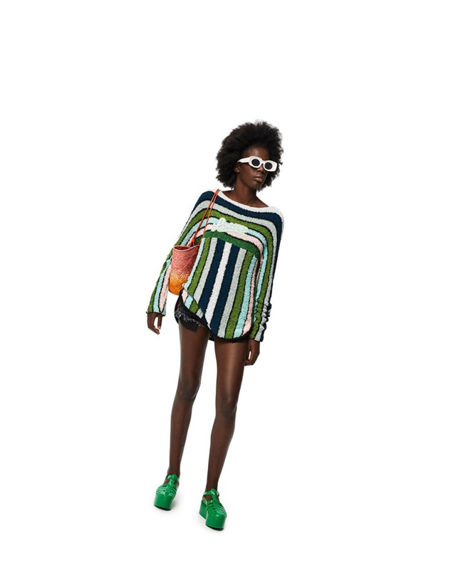 Loewe Stripe embroidered sweater in cotton Green Multitone | JI4136805