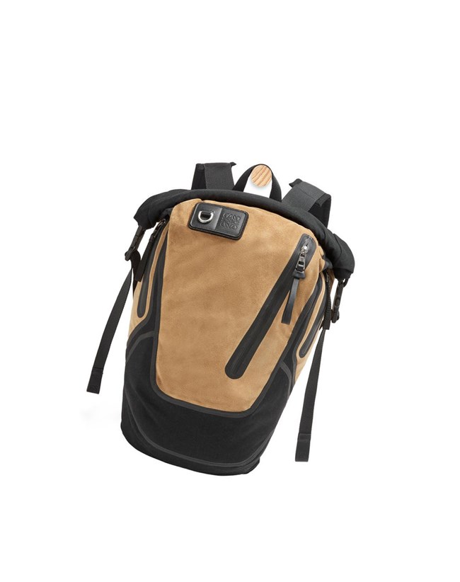 Loewe Technical backpack in recycled canvas and suede Black / Dark Gold | VS3198072
